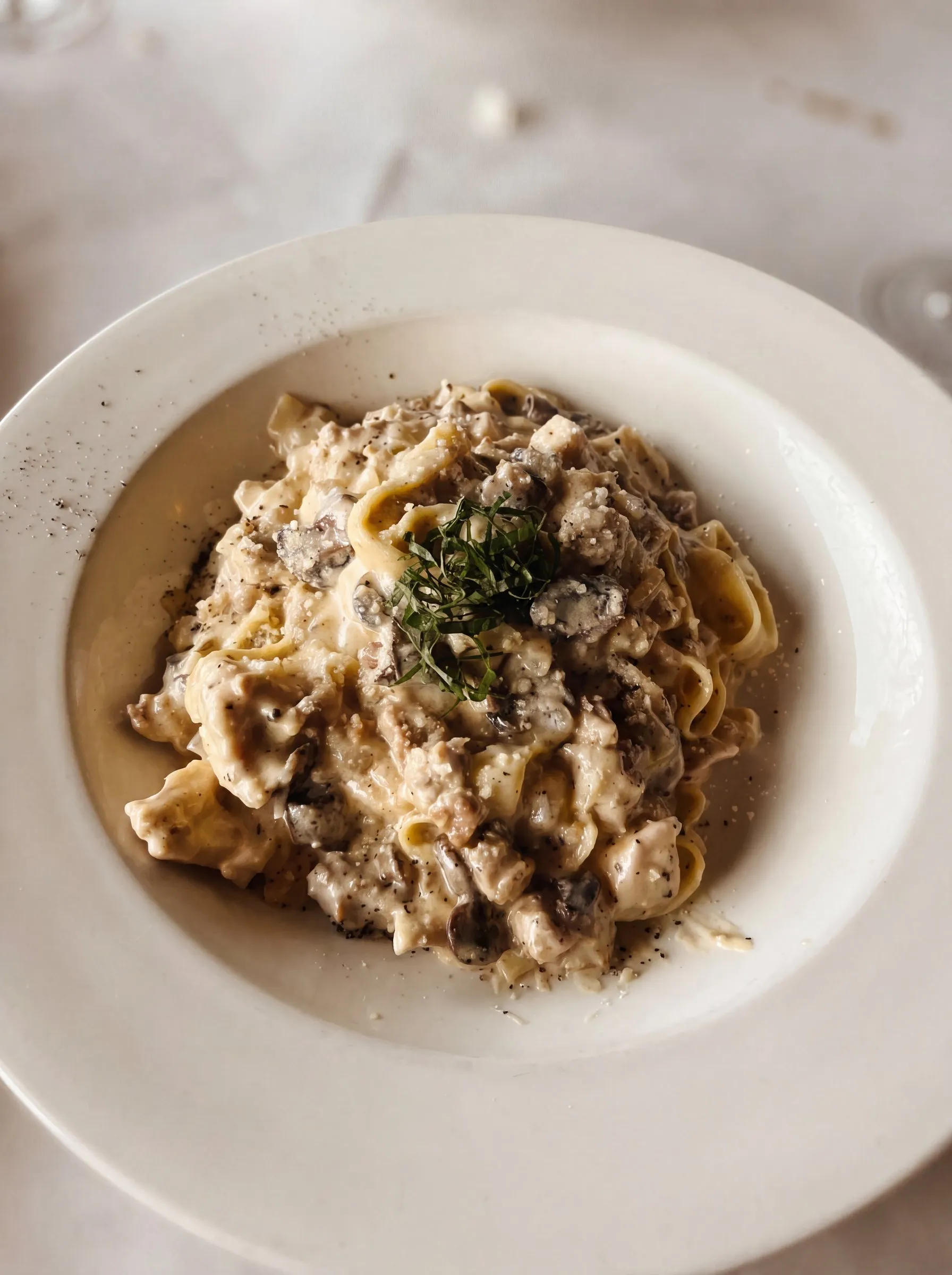 The Alfredo Macaluso: tagliatelle with Italian sausage, chicken and mushrooms in a cream sauce.