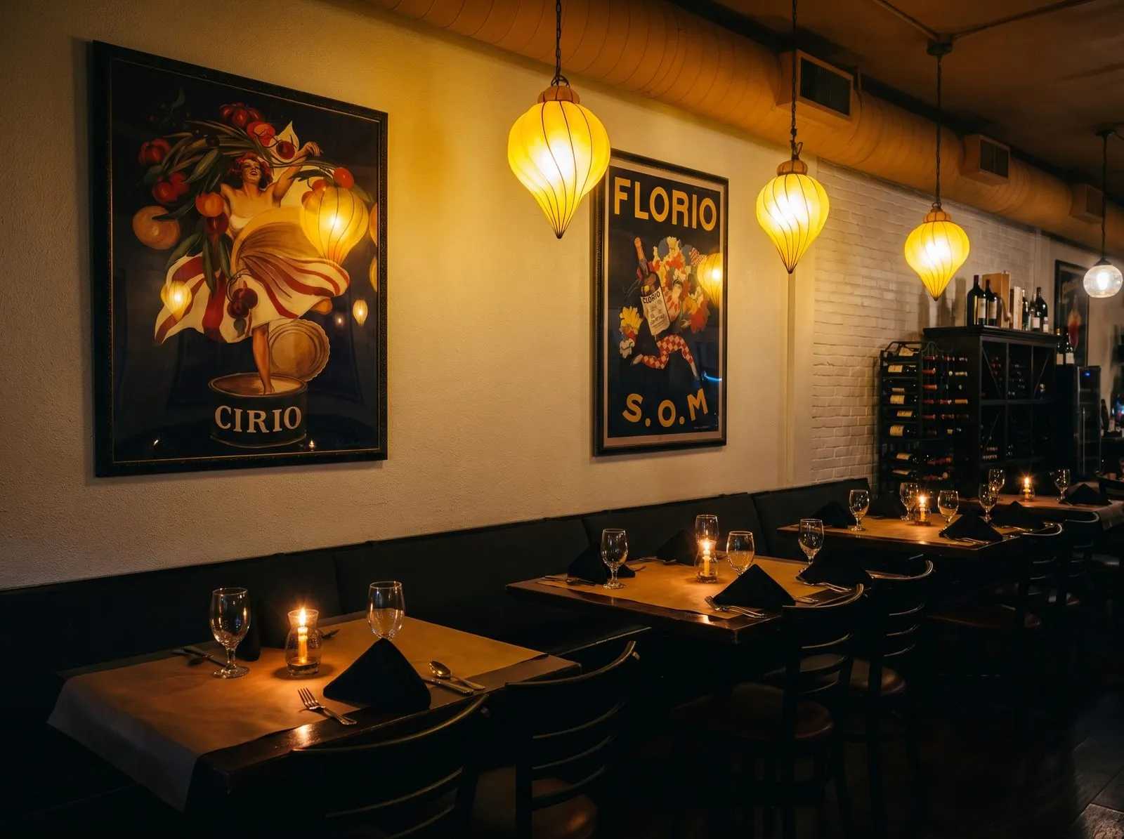 White-linen tables beneath the framed vintage Italian posters.