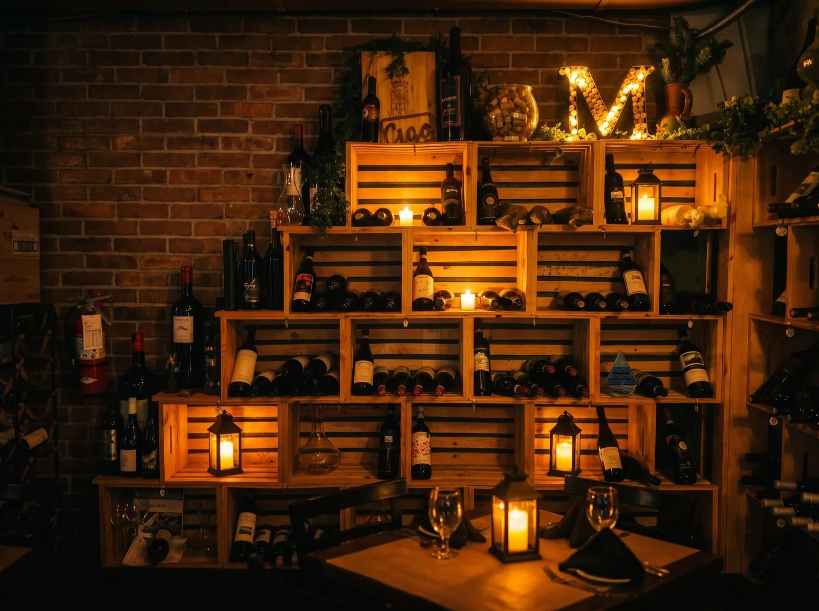 The dining room at night, tables set under warm lanterns and vintage Italian posters.