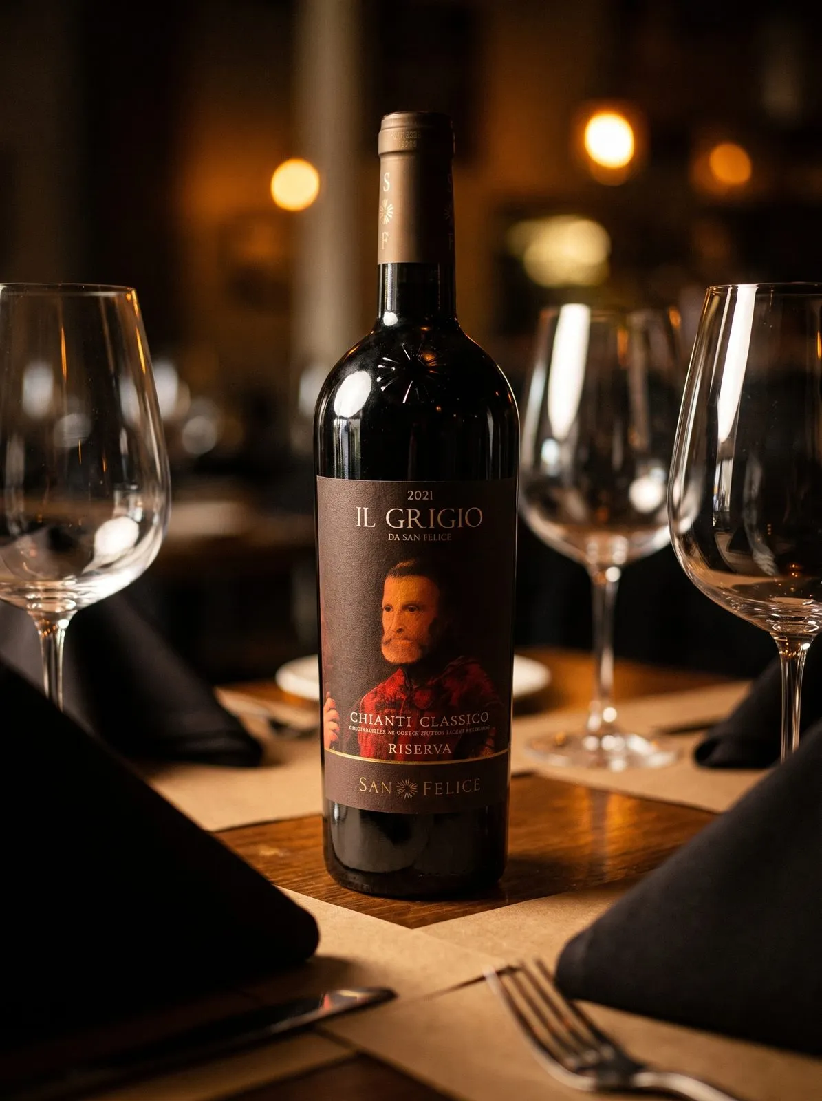 A bottle of Il Grigio Chianti Classico Riserva on a set table.
