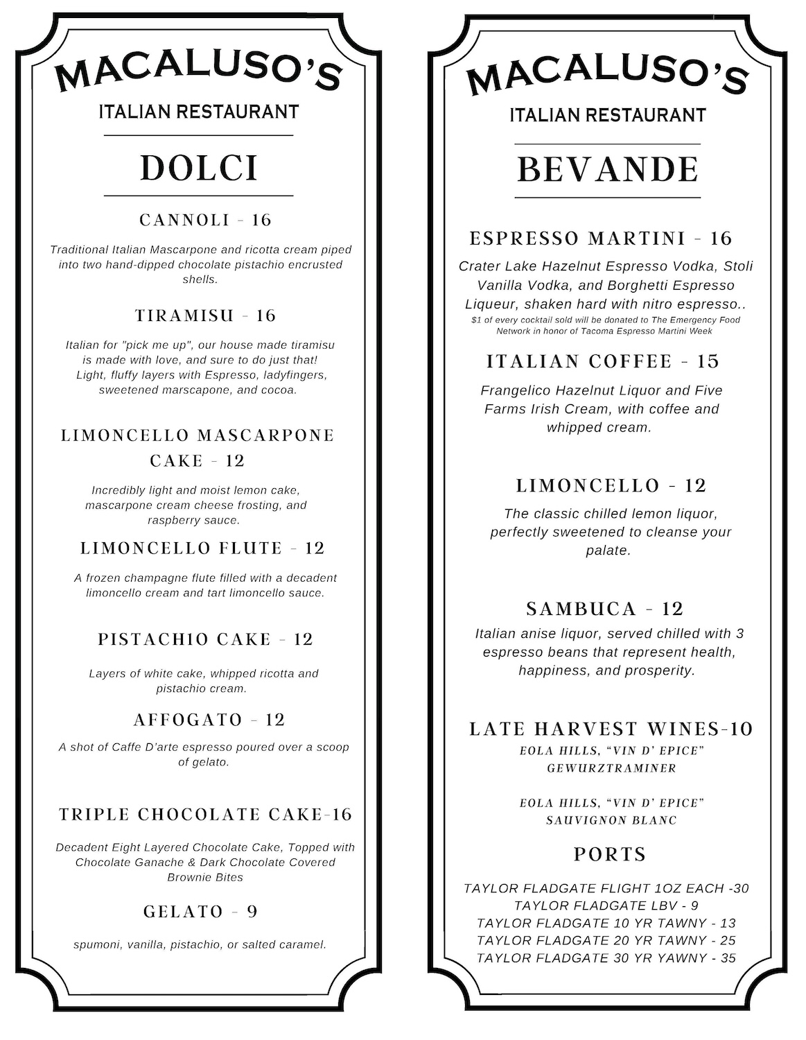 Macaluso's Italian Restaurant Dessert Menu